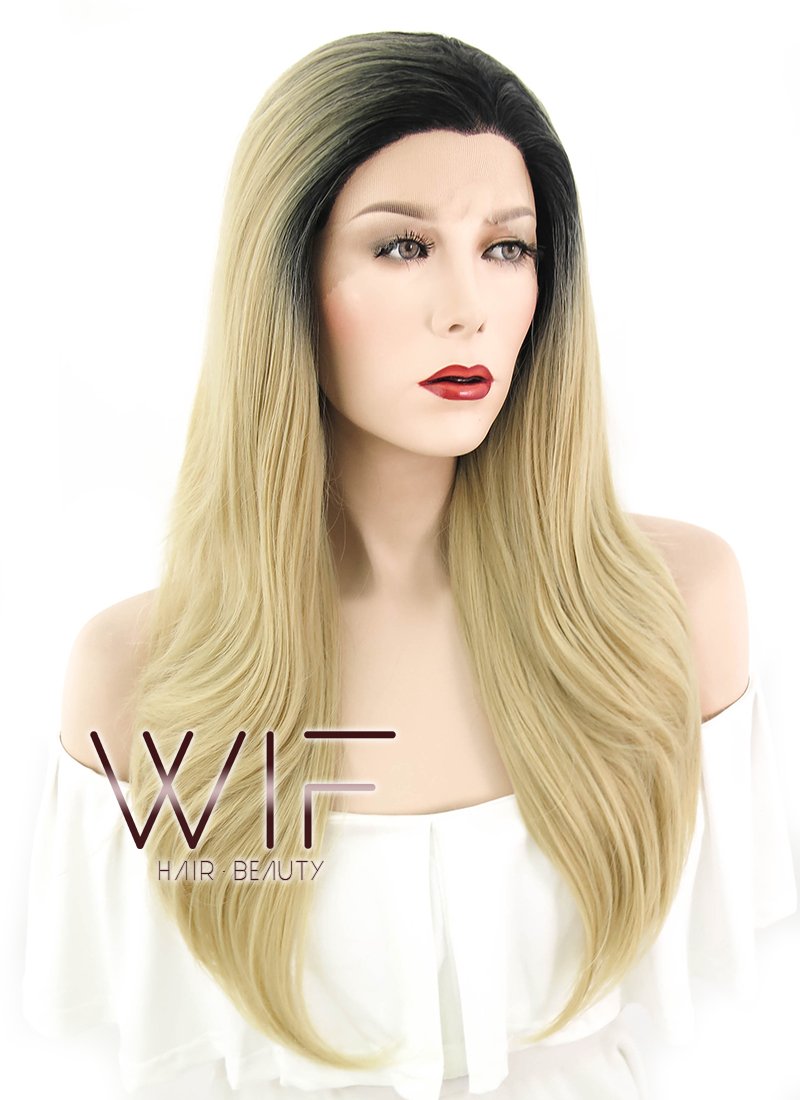 22" Straight Dark Burgundy With Dark Roots Lace Front Synthetic Wig LF1244
