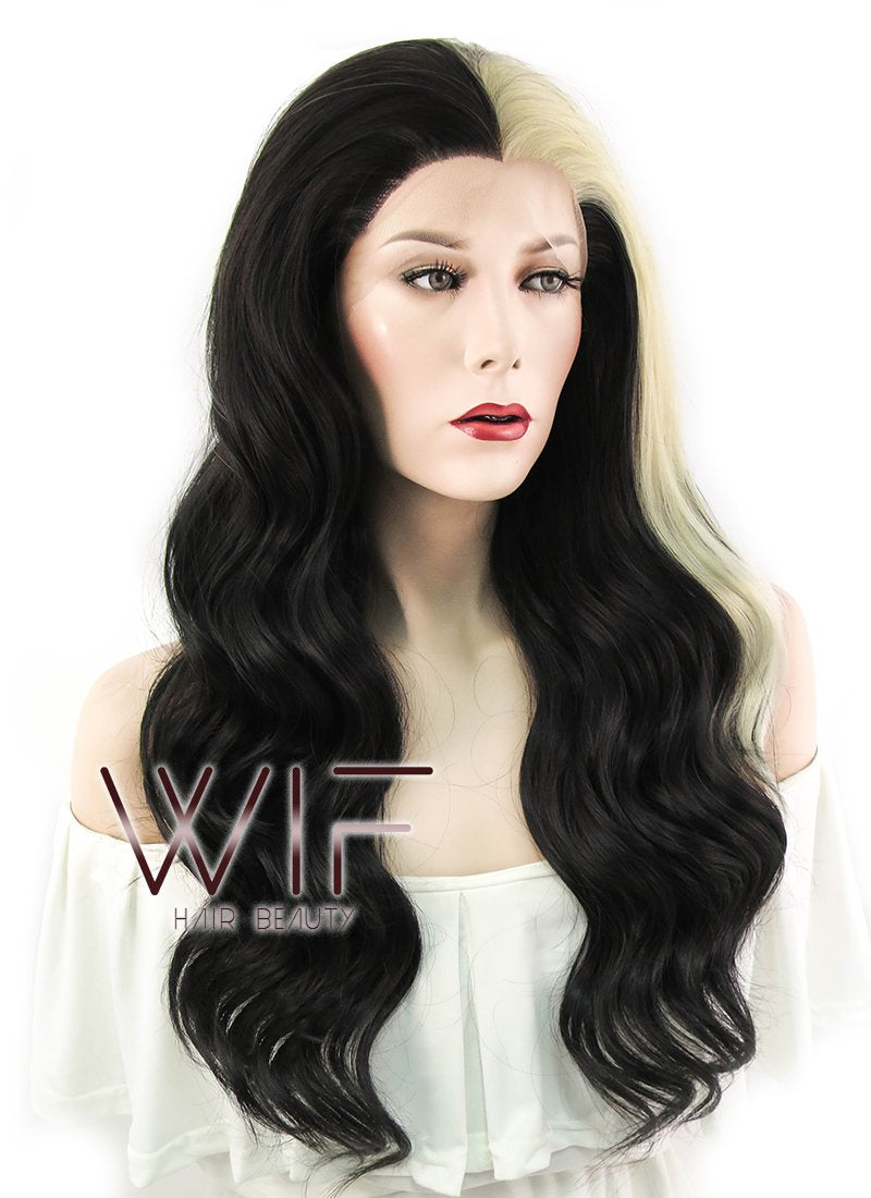 24" Wavy Black Mixed Light Blonde Lace Front Synthetic Wig LF1245