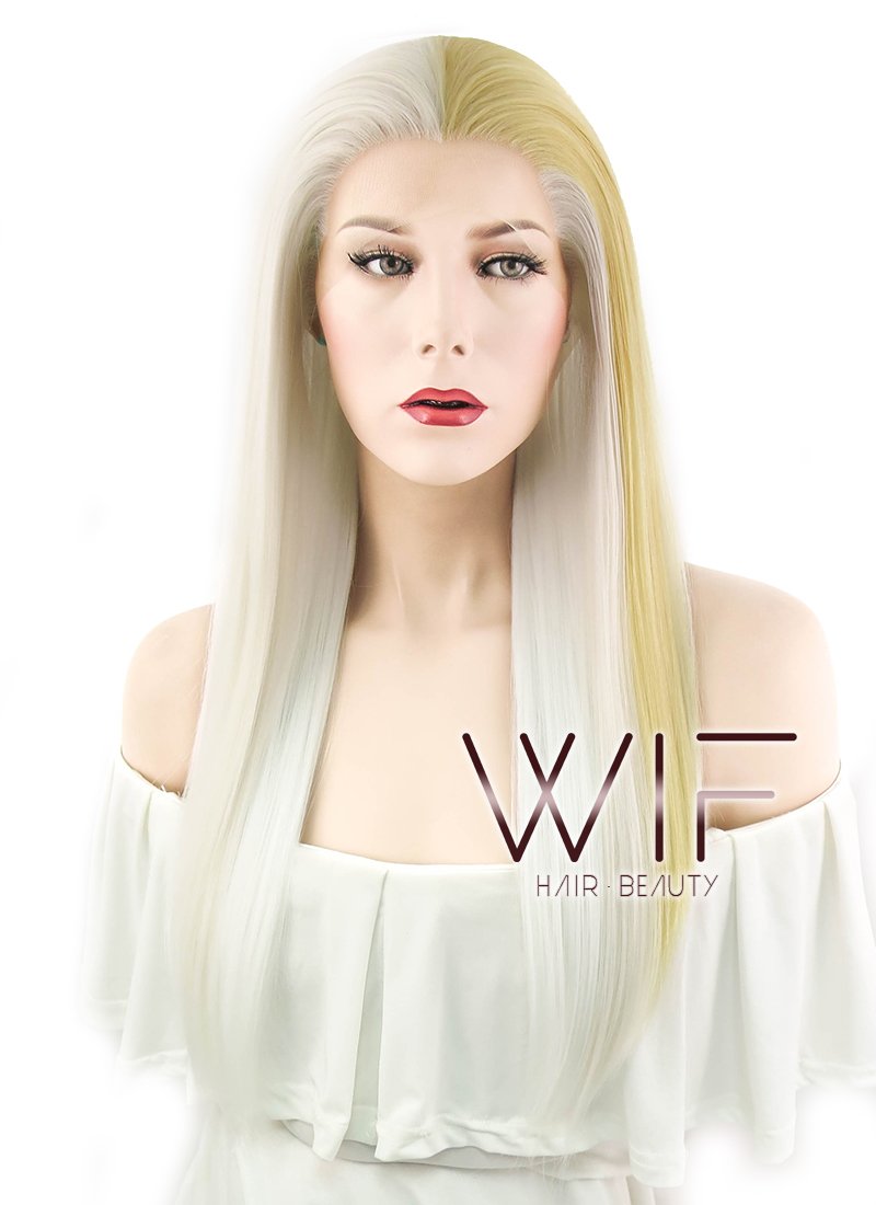 24" Straight White Mixed Light Blonde Lace Front Synthetic Wig LF1246