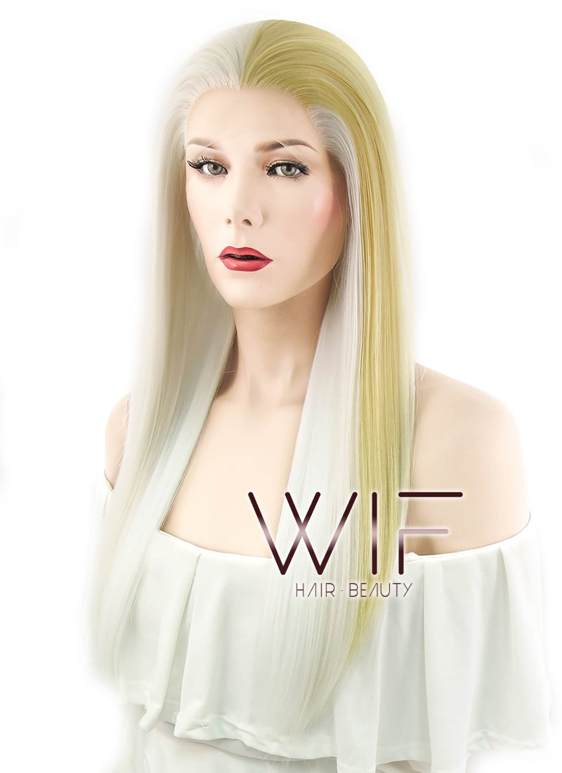 24" Straight White Mixed Light Blonde Lace Front Synthetic Wig LF1246