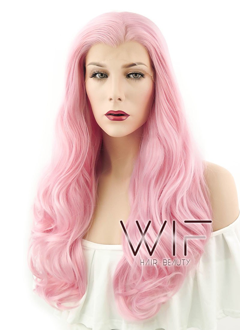 24" Wavy Pink Lace Front Synthetic Wig LF124