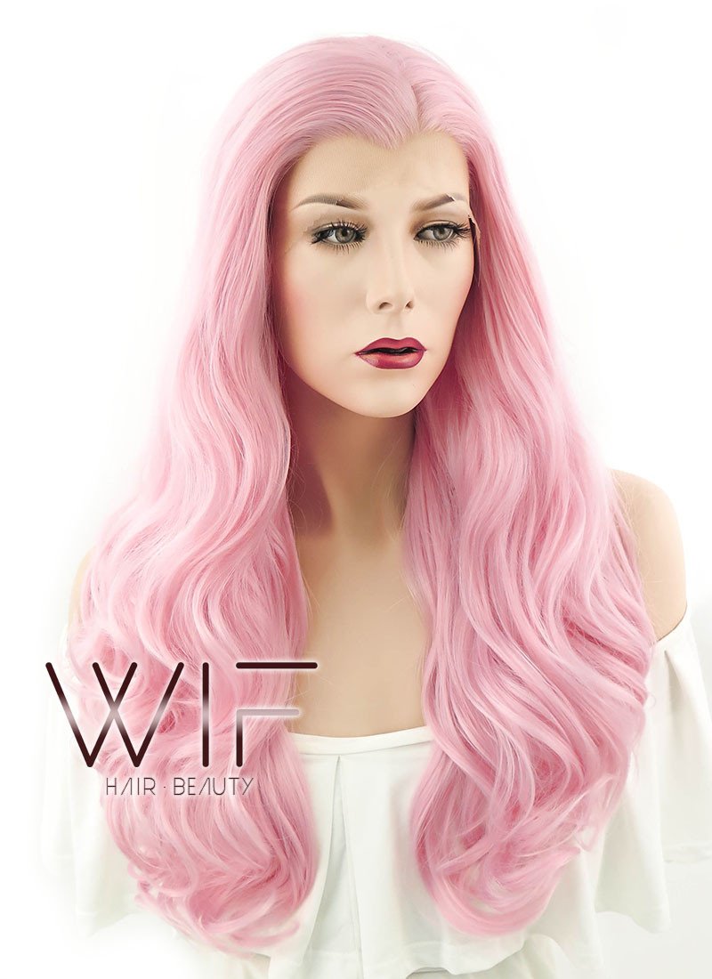 24" Wavy Pink Lace Front Synthetic Wig LF124
