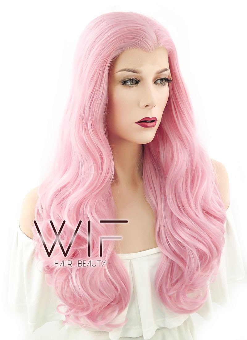 24" Wavy Pink Lace Front Synthetic Wig LF124