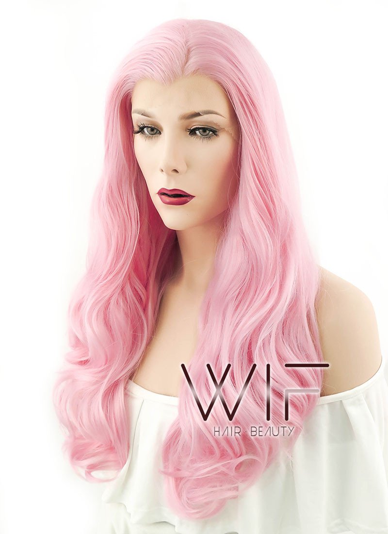 24" Wavy Pink Lace Front Synthetic Wig LF124