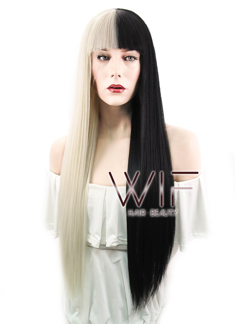 28" Straight Blonde Black Split Color Lace Front Synthetic Wig LF1507