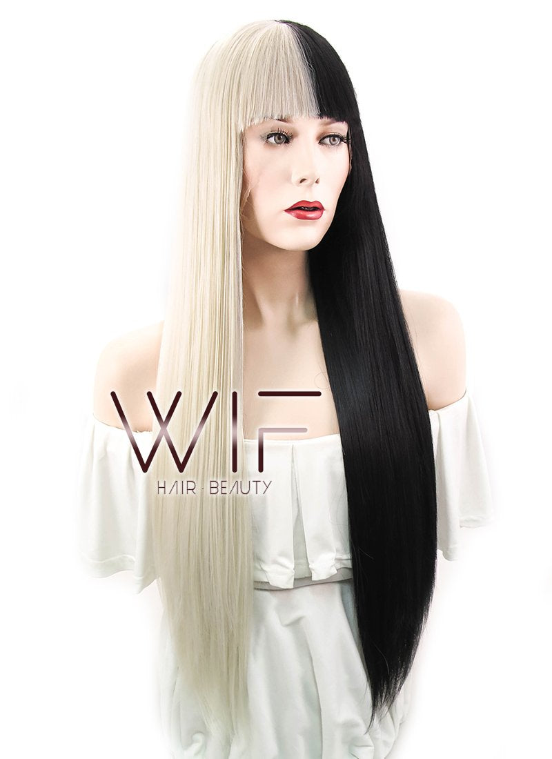 28" Straight Blonde Black Split Color Lace Front Synthetic Wig LF1507