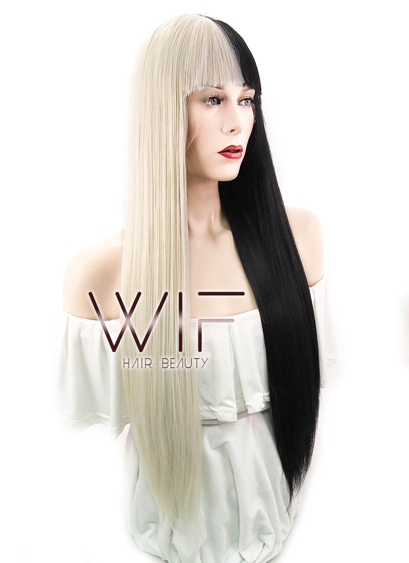 28" Straight Blonde Black Split Color Lace Front Synthetic Wig LF1507