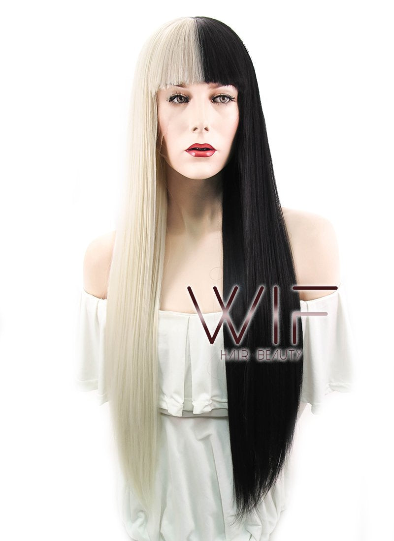 28" Straight Blonde Black Split Color Lace Front Synthetic Wig LF1507