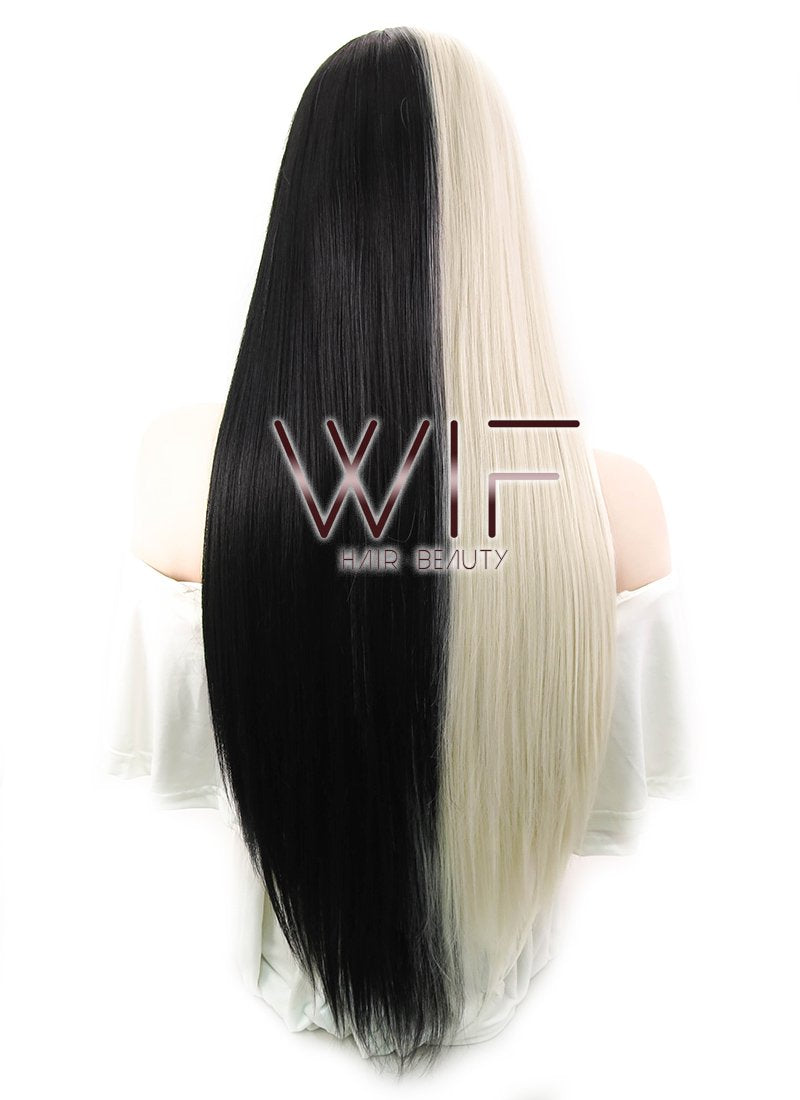 28" Straight Blonde Black Split Color Lace Front Synthetic Wig LF1507