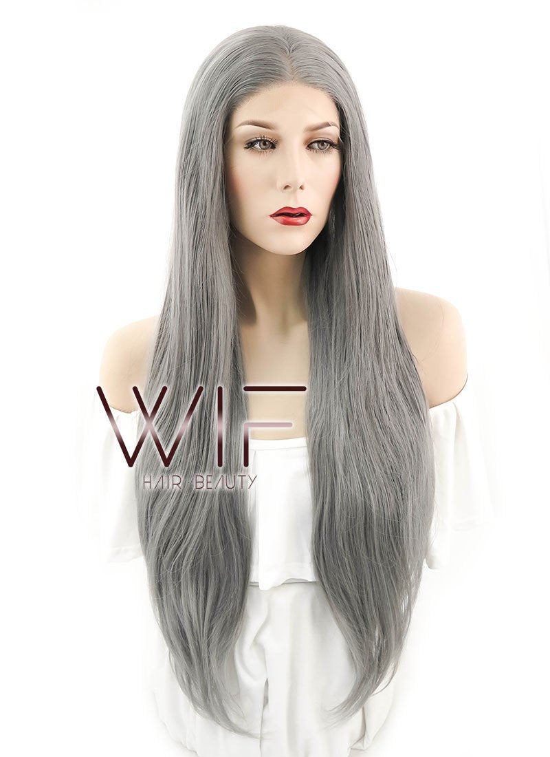 24" Straight Silver Grey Lace Front Synthetic Wig LF150A