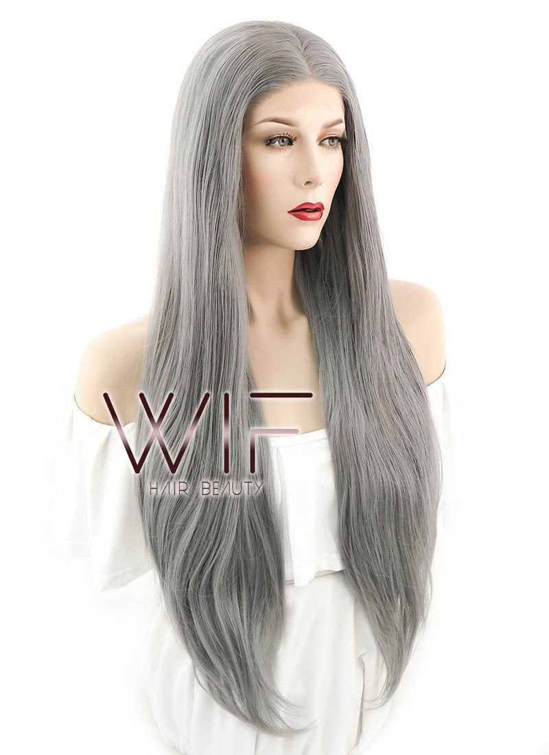 24" Straight Silver Grey Lace Front Synthetic Wig LF150A