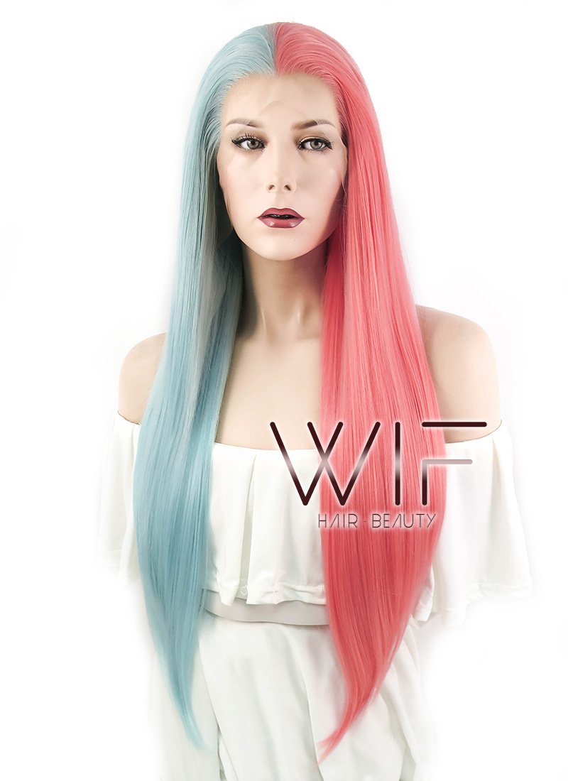 24" Straight Light Blue Red Split Color Lace Front Synthetic Wig LF1531A