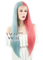 24" Straight Light Blue Red Split Color Lace Front Synthetic Wig LF1531A