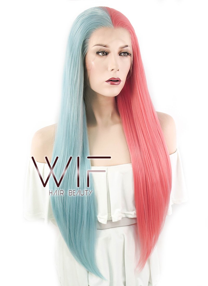 24" Straight Light Blue Red Split Color Lace Front Synthetic Wig LF1531A
