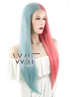 24" Straight Light Blue Red Split Color Lace Front Synthetic Wig LF1531A