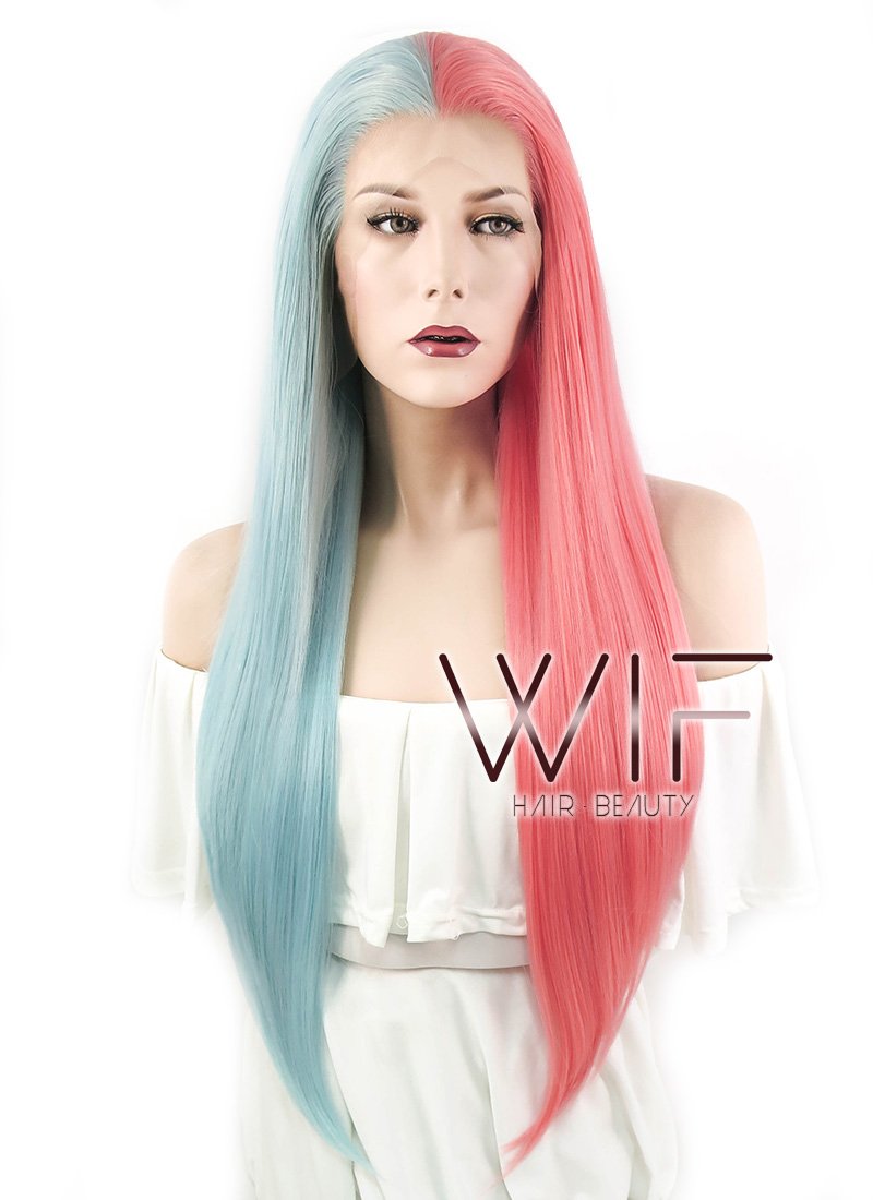 24" Straight Light Blue Red Split Color Lace Front Synthetic Wig LF1531A