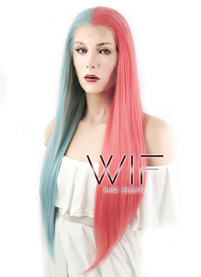 24" Straight Light Blue Red Split Color Lace Front Synthetic Wig LF1531A