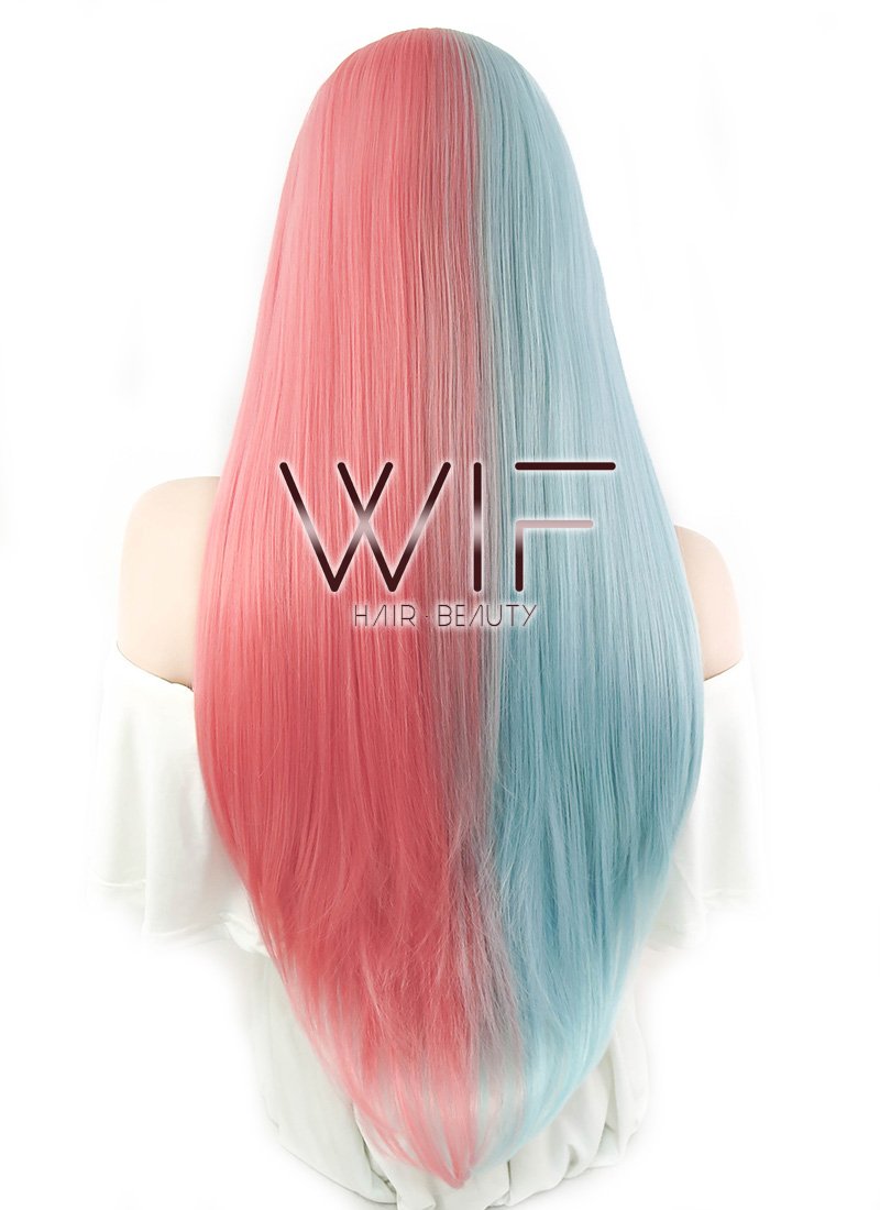 24" Straight Light Blue Red Split Color Lace Front Synthetic Wig LF1531A