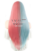 24" Straight Light Blue Red Split Color Lace Front Synthetic Wig LF1531A