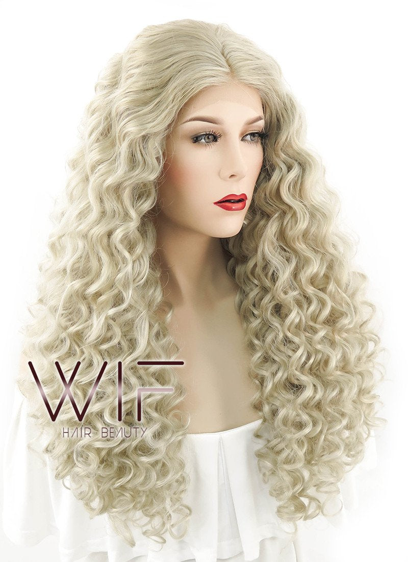 24" Long Spiral Curly Light Ash Blonde Lace Front Synthetic Hair Wig LF1533