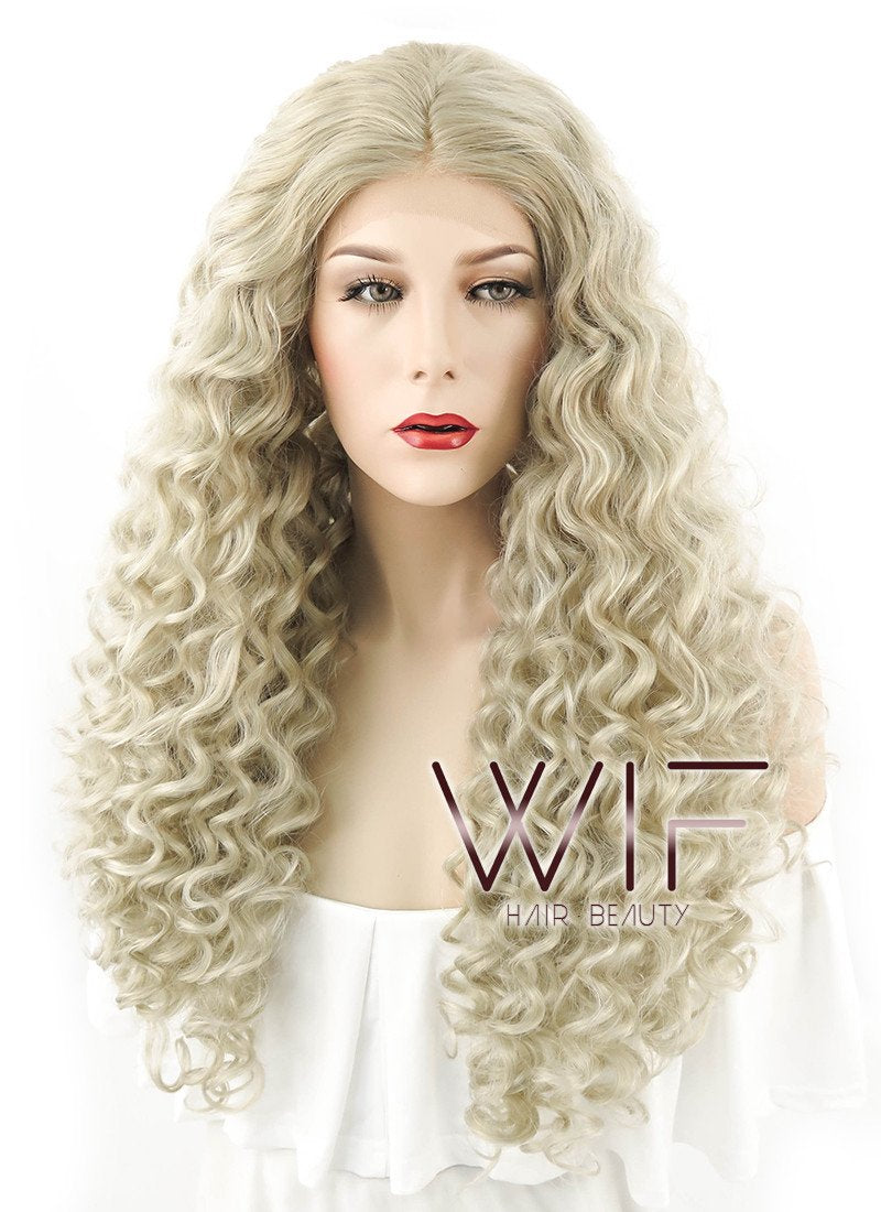 24" Long Spiral Curly Light Ash Blonde Lace Front Synthetic Hair Wig LF1533