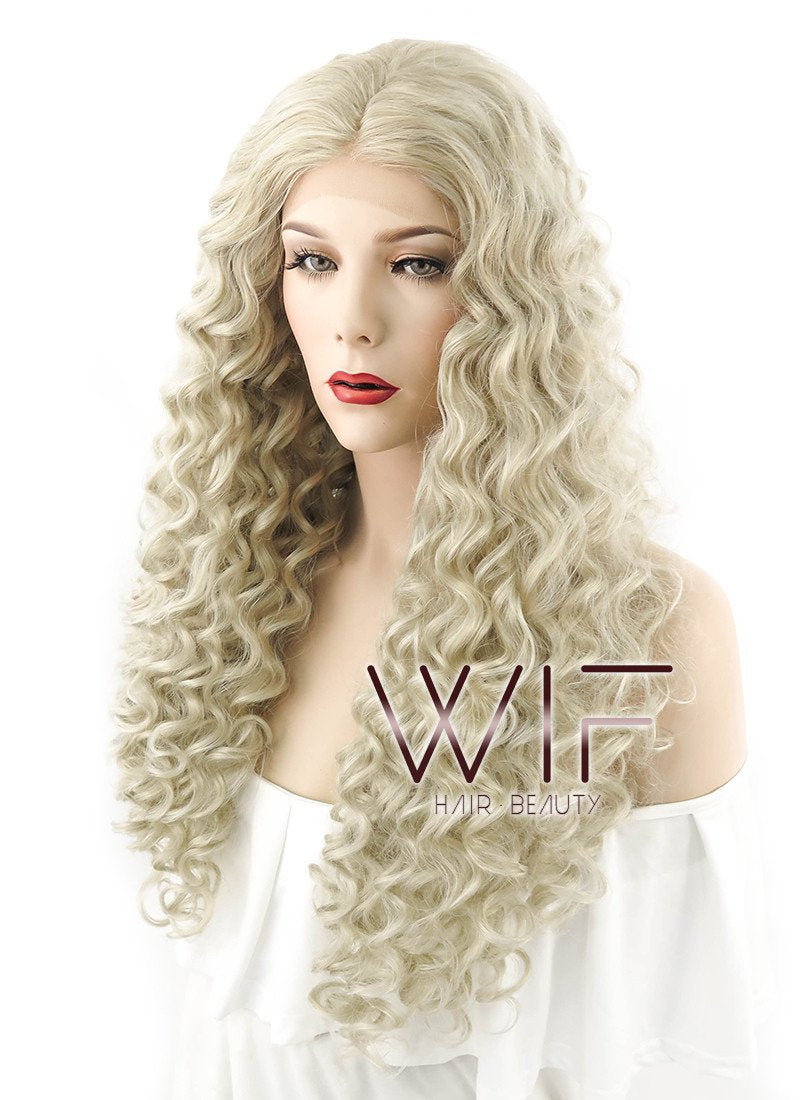 24" Long Spiral Curly Light Ash Blonde Lace Front Synthetic Hair Wig LF1533