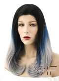16" Straight Black Blue Grey Ombre Lace Front Synthetic Wig LF1544