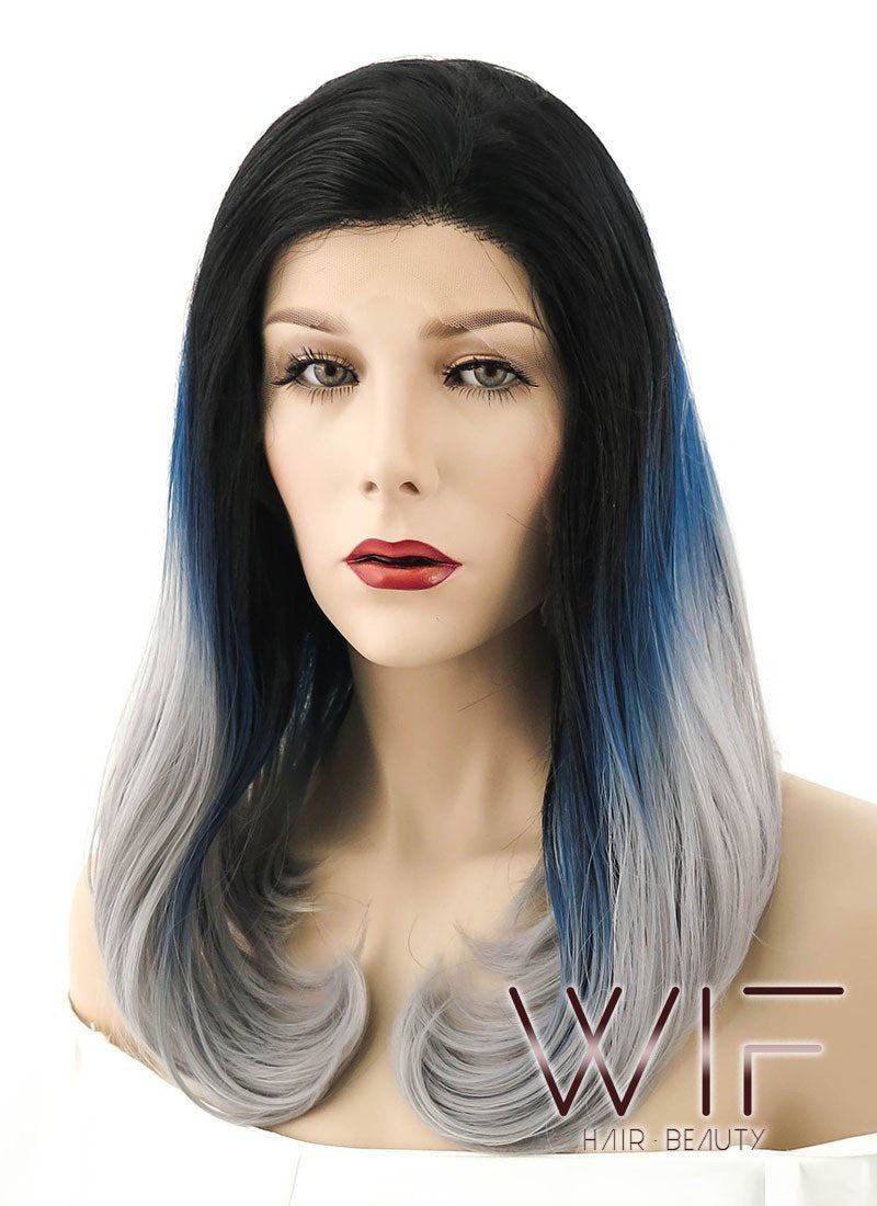 16" Straight Black Blue Grey Ombre Lace Front Synthetic Wig LF1544