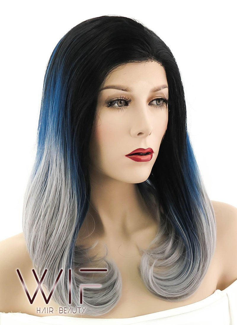 16" Straight Black Blue Grey Ombre Lace Front Synthetic Wig LF1544