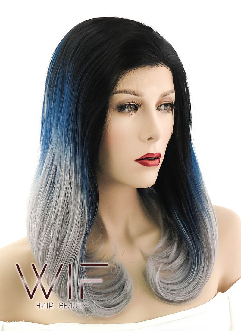 16" Straight Black Blue Grey Ombre Lace Front Synthetic Wig LF1544