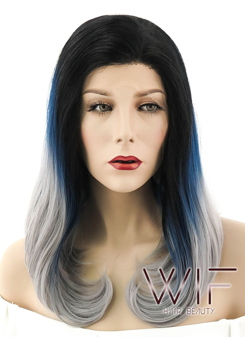 16" Straight Black Blue Grey Ombre Lace Front Synthetic Wig LF1544