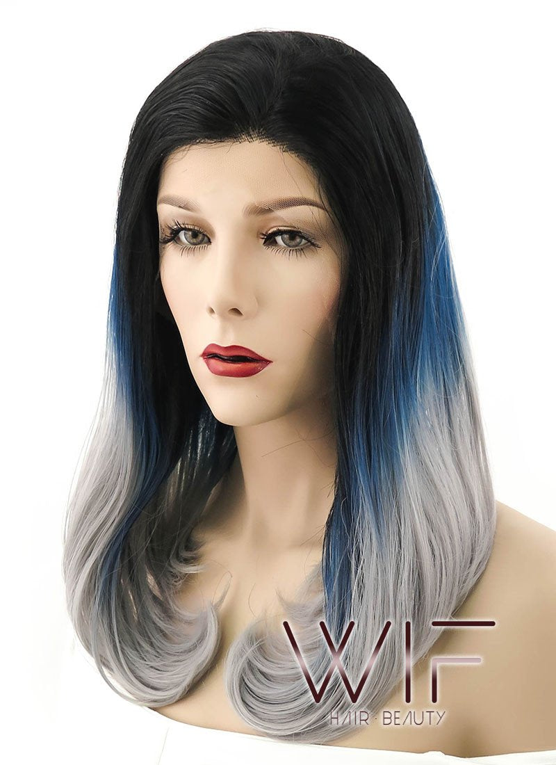 16" Straight Black Blue Grey Ombre Lace Front Synthetic Wig LF1544