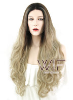 28" Wavy Ash Blonde With Dark Roots Lace Front Synthetic Wig LF1557