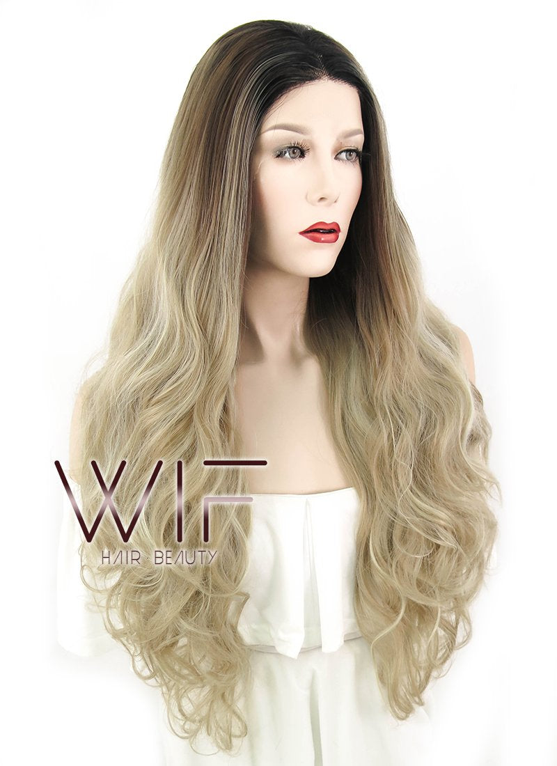 28" Wavy Ash Blonde With Dark Roots Lace Front Synthetic Wig LF1557