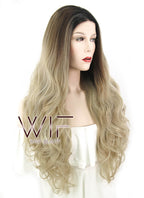 28" Wavy Ash Blonde With Dark Roots Lace Front Synthetic Wig LF1557