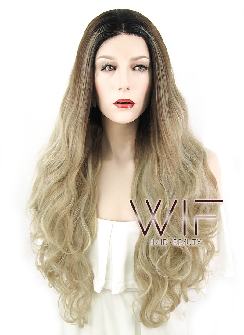 28" Wavy Ash Blonde With Dark Roots Lace Front Synthetic Wig LF1557