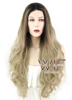 28" Wavy Ash Blonde With Dark Roots Lace Front Synthetic Wig LF1557