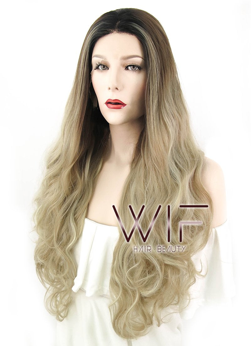 28" Wavy Ash Blonde With Dark Roots Lace Front Synthetic Wig LF1557