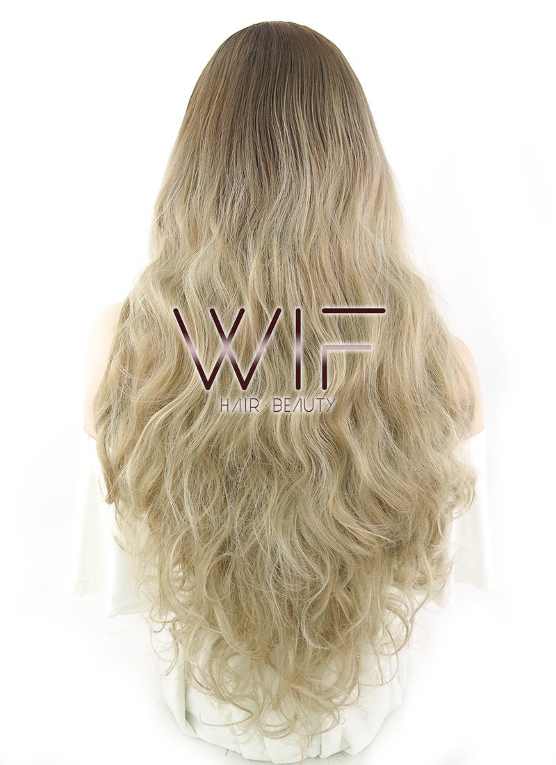28" Wavy Ash Blonde With Dark Roots Lace Front Synthetic Wig LF1557