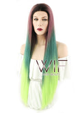 28" Straight Purple Green Ombre With Dark Roots Lace Front Synthetic Wig LF1562