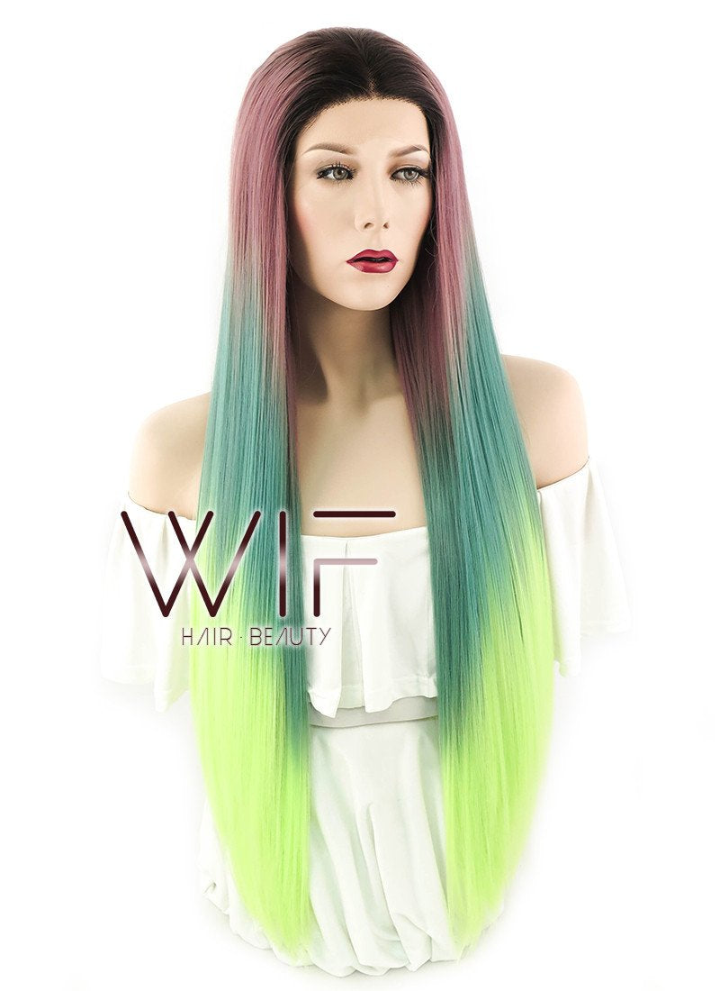 28" Straight Purple Green Ombre With Dark Roots Lace Front Synthetic Wig LF1562