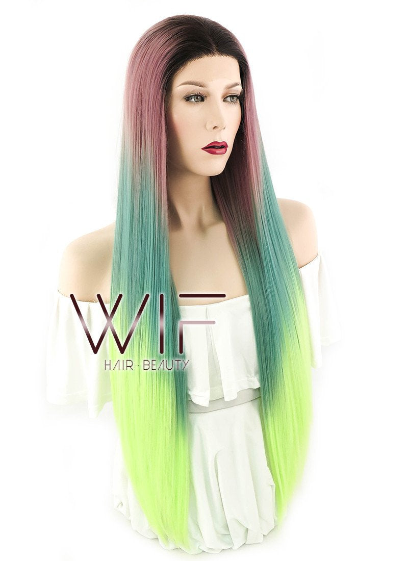28" Straight Purple Green Ombre With Dark Roots Lace Front Synthetic Wig LF1562