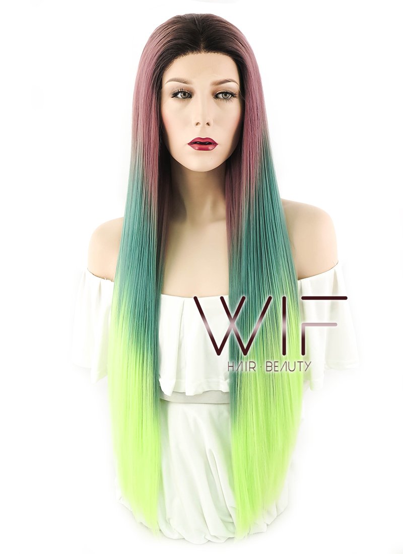 28" Straight Purple Green Ombre With Dark Roots Lace Front Synthetic Wig LF1562