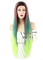 28" Straight Purple Green Ombre With Dark Roots Lace Front Synthetic Wig LF1562