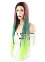 28" Straight Purple Green Ombre With Dark Roots Lace Front Synthetic Wig LF1562