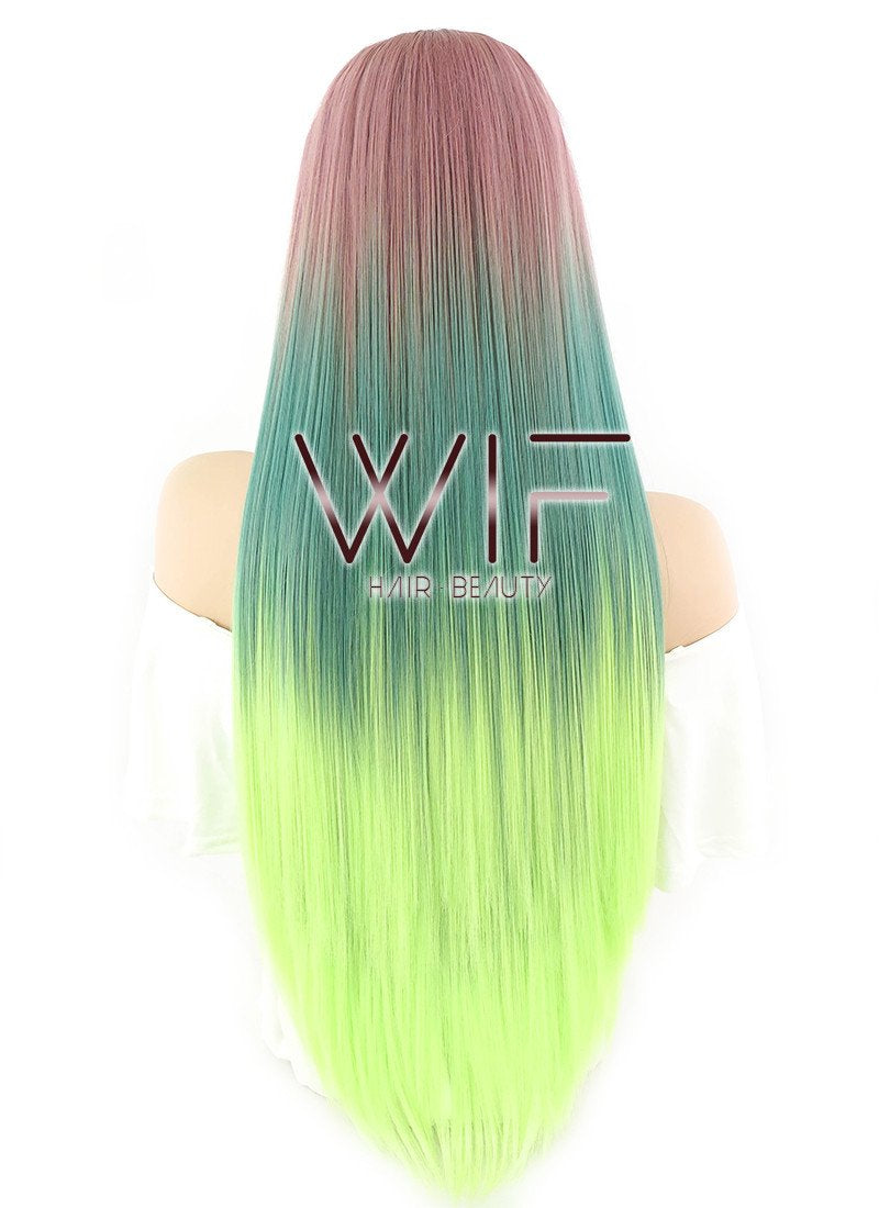 28" Straight Purple Green Ombre With Dark Roots Lace Front Synthetic Wig LF1562
