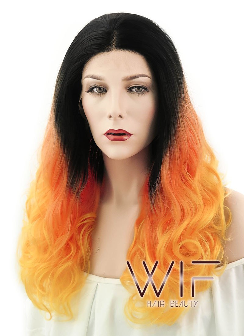 16" Medium Curly Off Black Orange Mixed Turmeric Lace Front Synthetic Wig LF1564