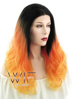 16" Medium Curly Off Black Orange Mixed Turmeric Lace Front Synthetic Wig LF1564