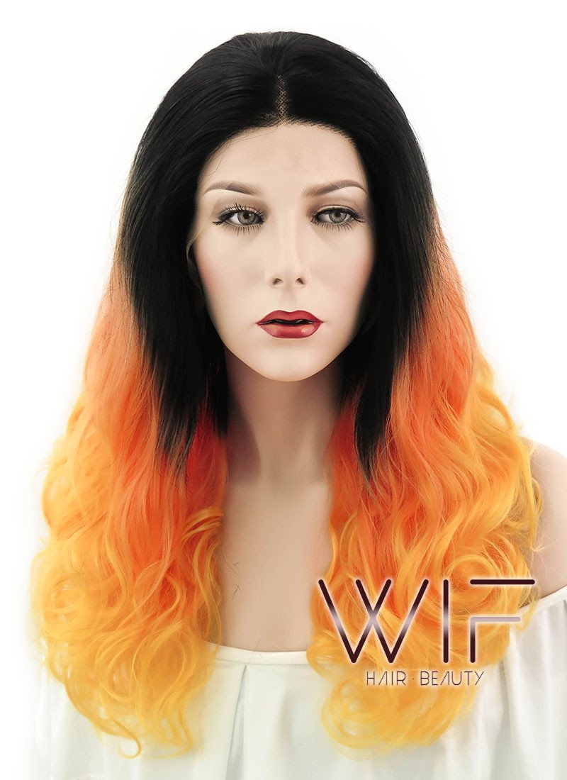 16" Medium Curly Off Black Orange Mixed Turmeric Lace Front Synthetic Wig LF1564