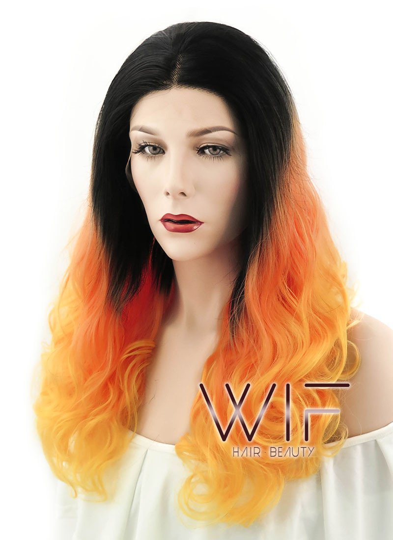 16" Medium Curly Off Black Orange Mixed Turmeric Lace Front Synthetic Wig LF1564